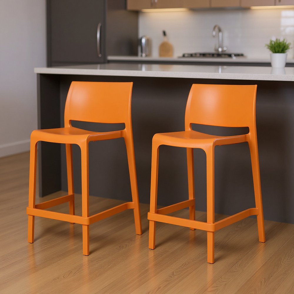 Set of Two 26" Taupe Heavy Duty Plastic Low Back Outdoor Counter Height Bar Chairs