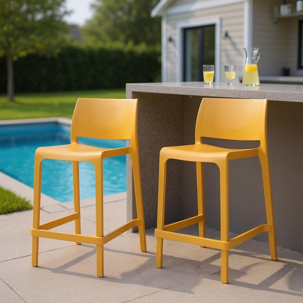 Set of Two 26" Taupe Heavy Duty Plastic Low Back Outdoor Counter Height Bar Chairs