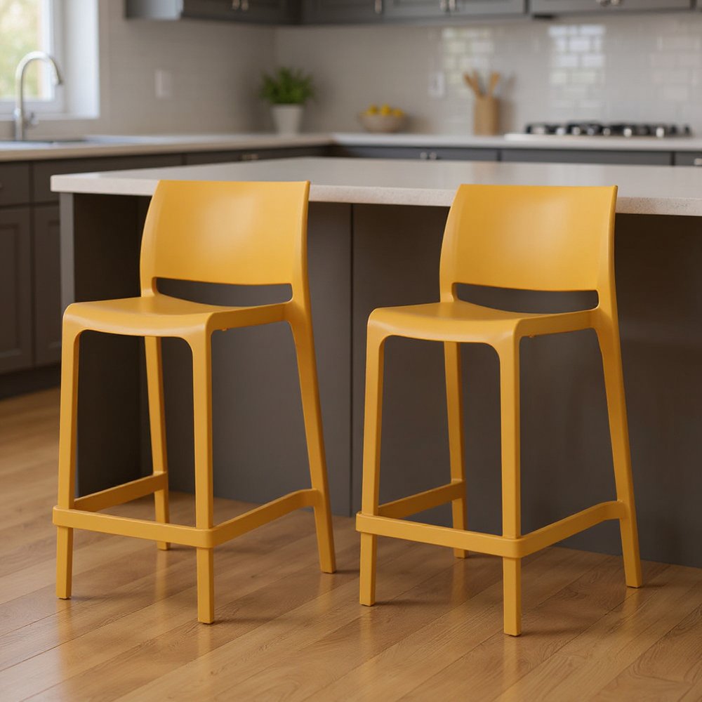 Set of Two 26" Taupe Heavy Duty Plastic Low Back Outdoor Counter Height Bar Chairs