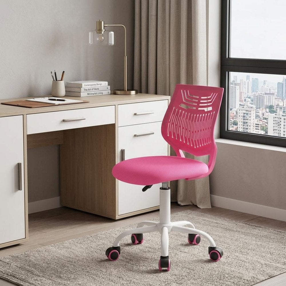 Turquoise and White Adjustable Height Swivel Rolling Office Chair