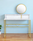 41" White And Gold Faux Marble and Steel Vanity Table with Mirror