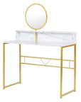 41" White And Gold Faux Marble and Steel Vanity Table with Mirror