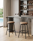 Set of Two 29" Brown And Black Microfiber And Fabric And Metal Low Back Bar Height Swivel Bar Chairs