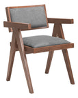 Set of Two Gray And Walnut Upholstery And Solid Wood Open Back Dining Arm Chairs