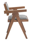 Set of Two Gray And Walnut Upholstery And Solid Wood Open Back Dining Arm Chairs