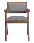Set of Two Gray And Walnut Upholstery And Solid Wood Open Back Dining Arm Chairs