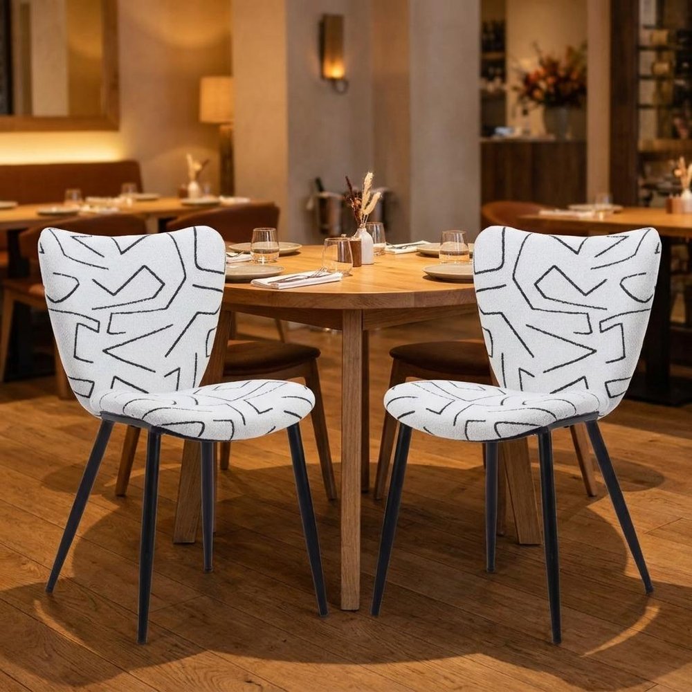 Set of Two White and Black Upholstered Faux Shearling Dining Side Chairs