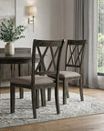 Set of Two Gray Linen And Solid Wood Cross Back Dining Side Chairs