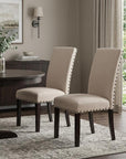 Set of Two Taupe And Dark Brown Linen And Solid Wood Dining Side Chairs