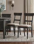 Set of Two Light Brown And Gray Linen And Wood Ladder Back Dining Side Chairs