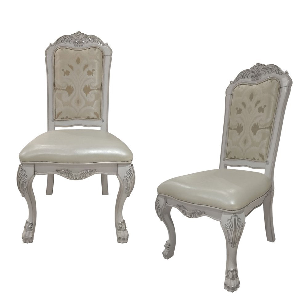 Set of Two White Fabric And Faux Leather And Wood Floral Print Dining Side Chairs
