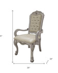 Set of Two Tufted White Upholstered Faux Leather And Wood Dining Arm Chairs