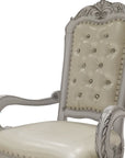 Set of Two Tufted White Upholstered Faux Leather And Wood Dining Arm Chairs