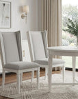 Set of Two Light Gray And White Linen And Solid Wood Dining Side Chairs