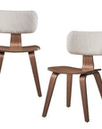 Set of Two Walnut And White Boucle And Solid Wood Curved Back Dining Side Chairs