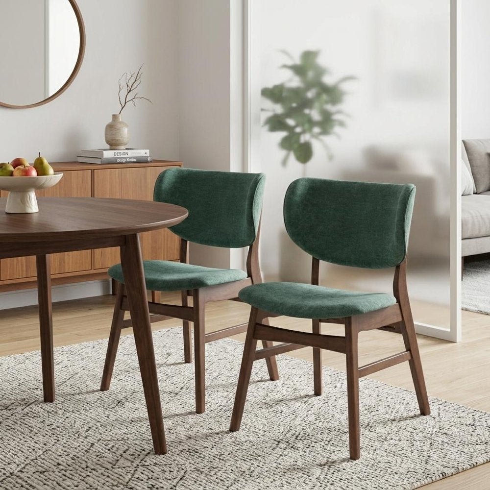 Set of Two Green And Brown Fabric And Solid Wood Partially Open Back Dining Side Chairs
