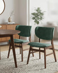 Set of Two Green And Brown Fabric And Solid Wood Partially Open Back Dining Side Chairs