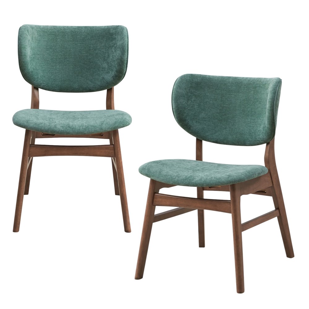 Set of Two Green And Brown Fabric And Solid Wood Partially Open Back Dining Side Chairs