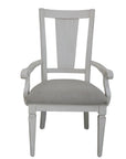 Set of Two Light Gray and White Upholstered Linen And Solid Wood Open Back Dining Arm Chairs