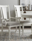 Set of Two Light Gray and White Upholstered Linen And Solid Wood Open Back Dining Arm Chairs