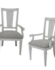 Set of Two Light Gray and White Upholstered Linen And Solid Wood Open Back Dining Arm Chairs
