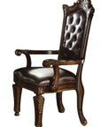 Set of Two Tufted Brown and Redwood Upholstered Faux Leather And Solid Wood Dining Arm Chairs