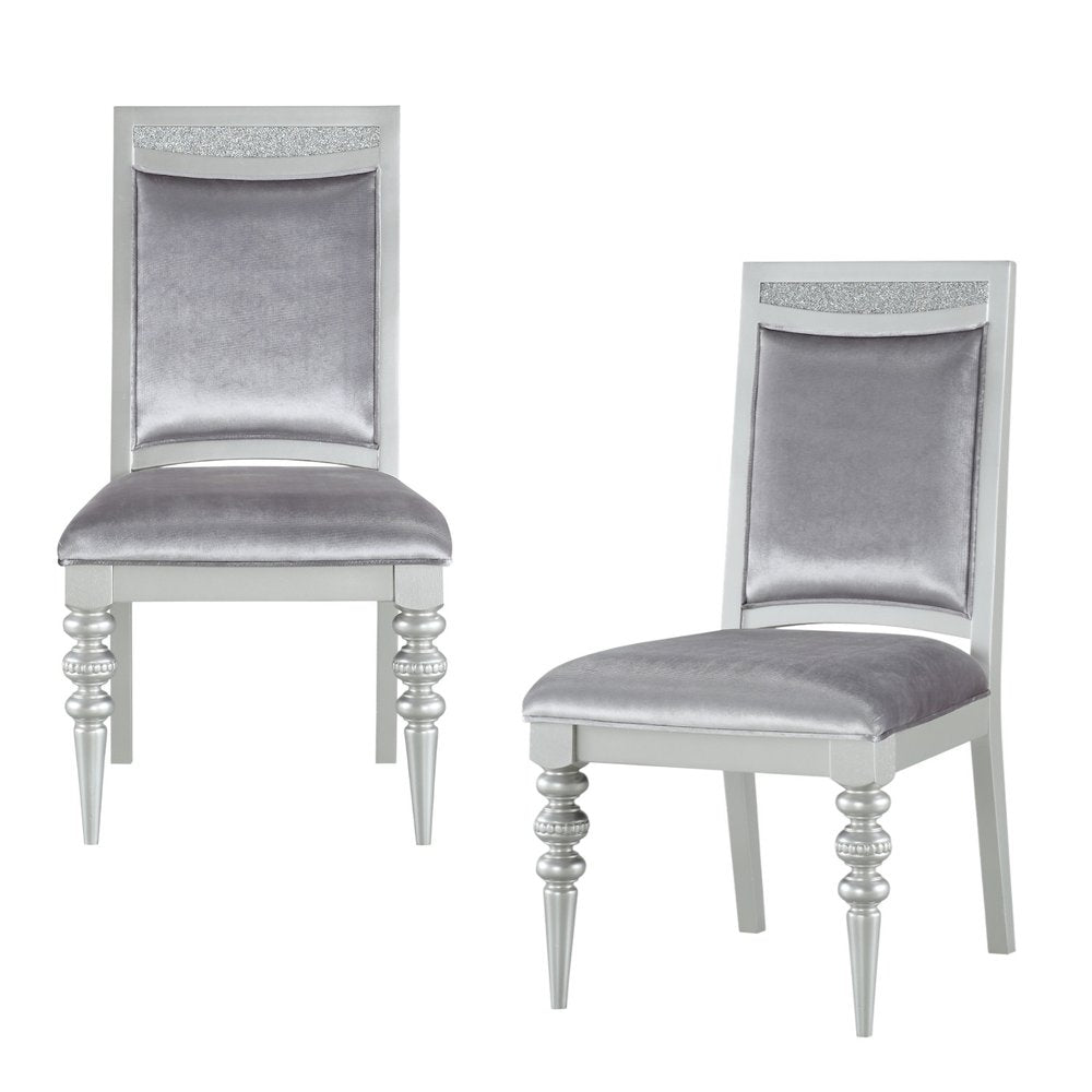 Set of Two Platinum Fabric Solid Wood And Faux Crystal Bling Dining Side Chairs