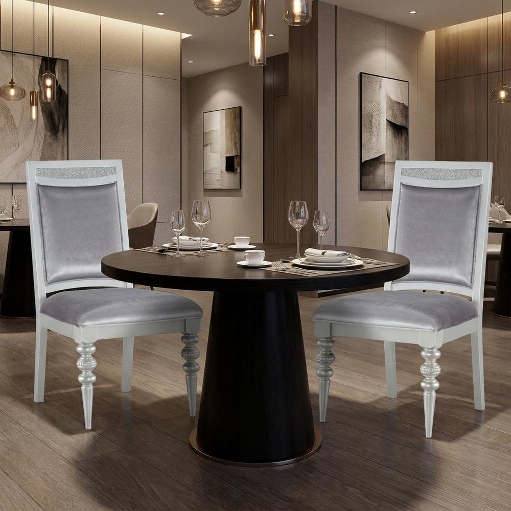 Set of Two Platinum Fabric Solid Wood And Faux Crystal Bling Dining Side Chairs