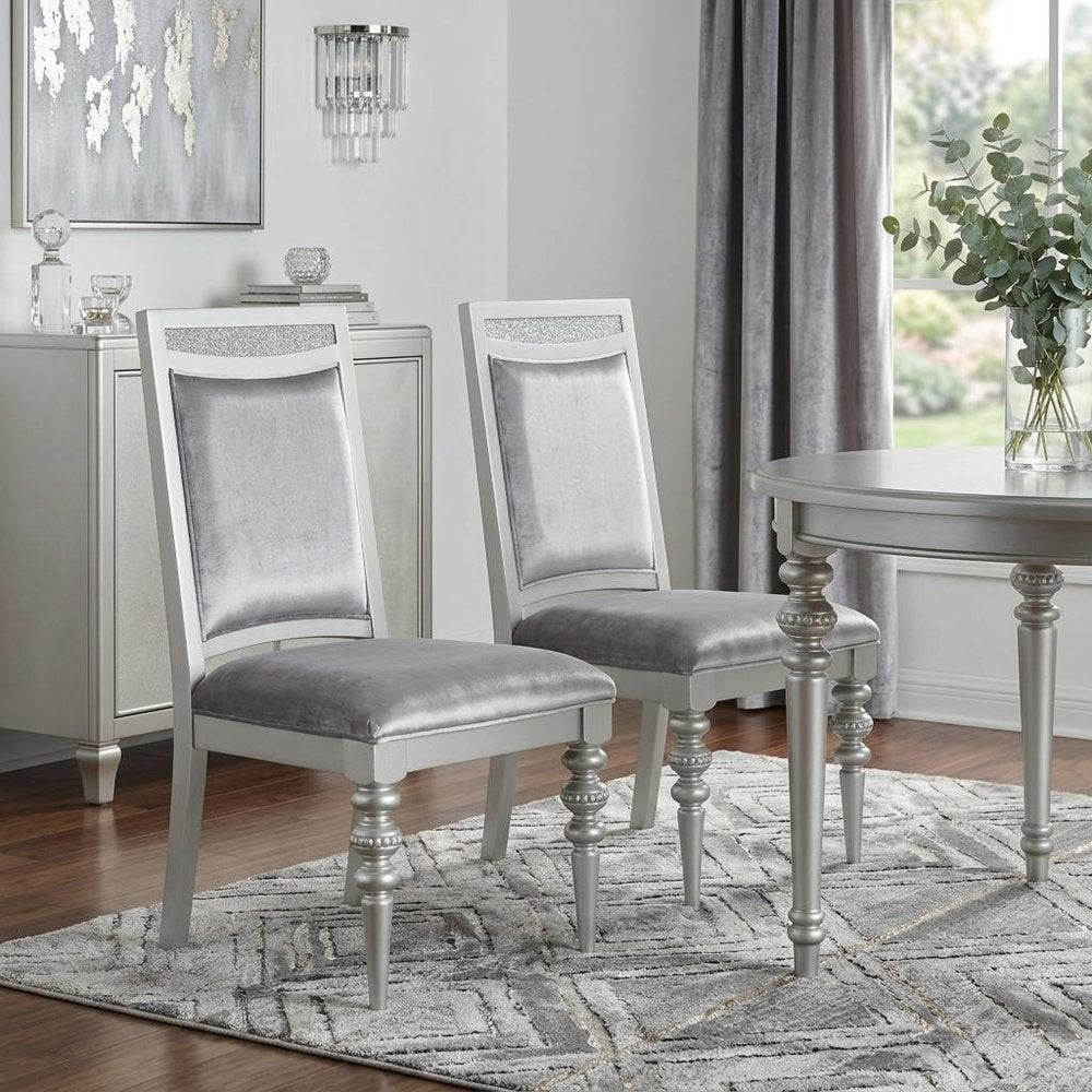 Set of Two Platinum Fabric Solid Wood And Faux Crystal Bling Dining Side Chairs