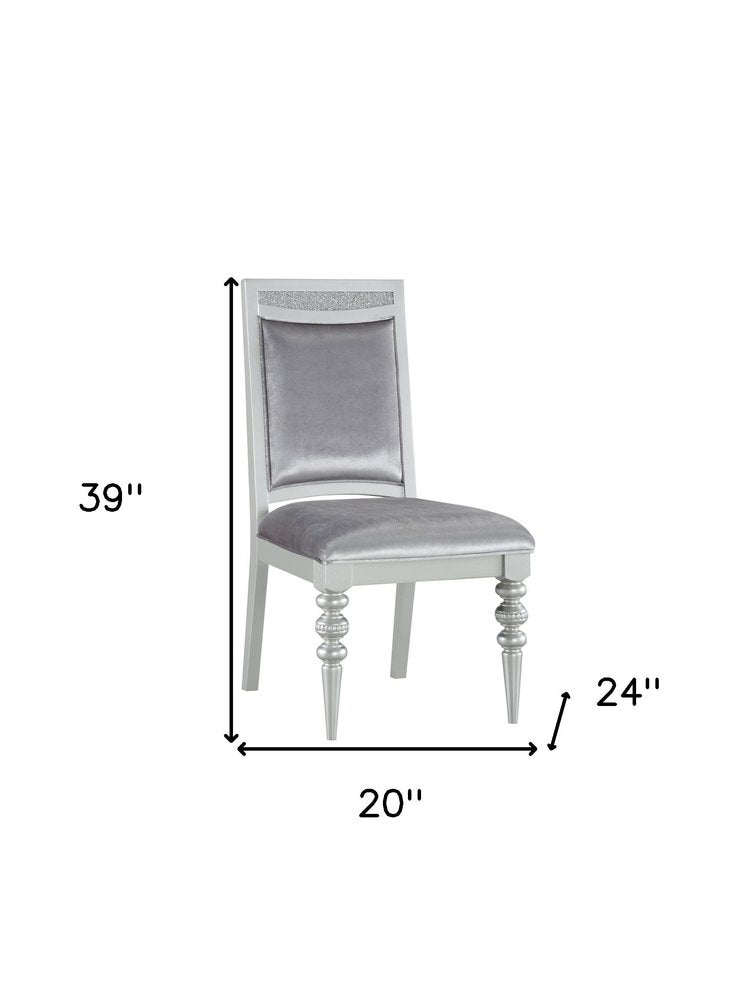 Set of Two Platinum Fabric Solid Wood And Faux Crystal Bling Dining Side Chairs