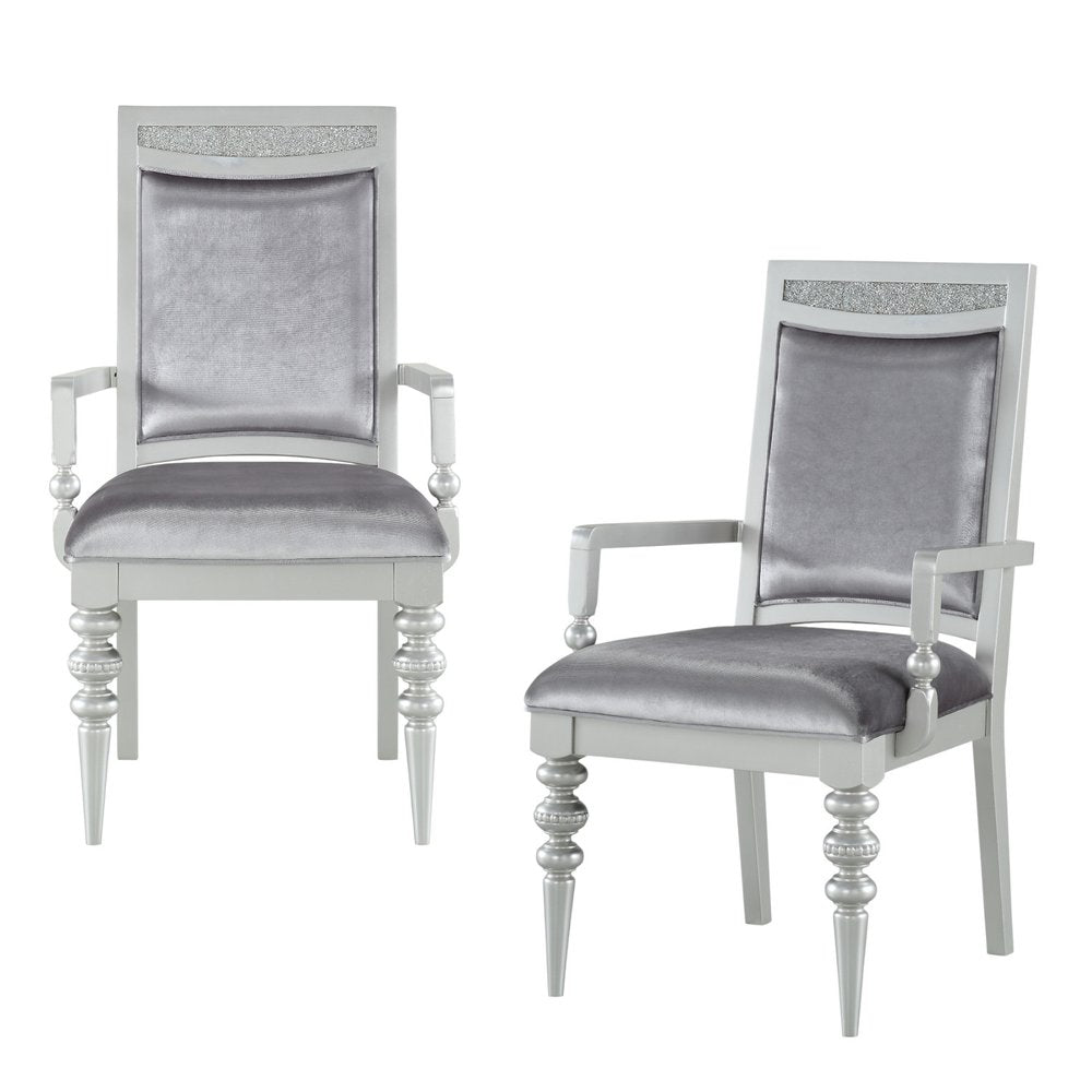 Set of Two Platinum Fabric Solid Wood And Faux Crystal Bling Dining Arm Chairs