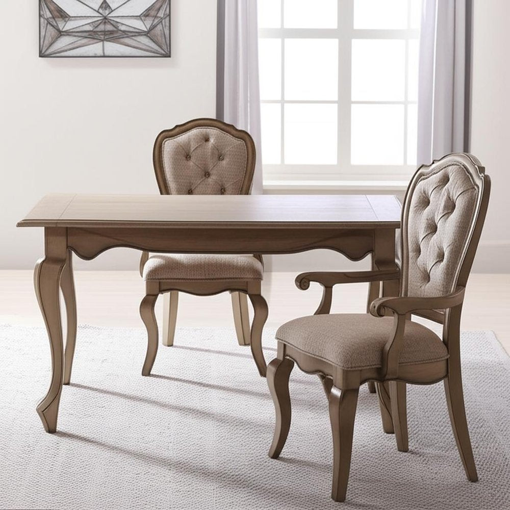 Set of Two Tufted Beige and Taupe Upholstered Fabric And Solid Wood Dining Side Chairs