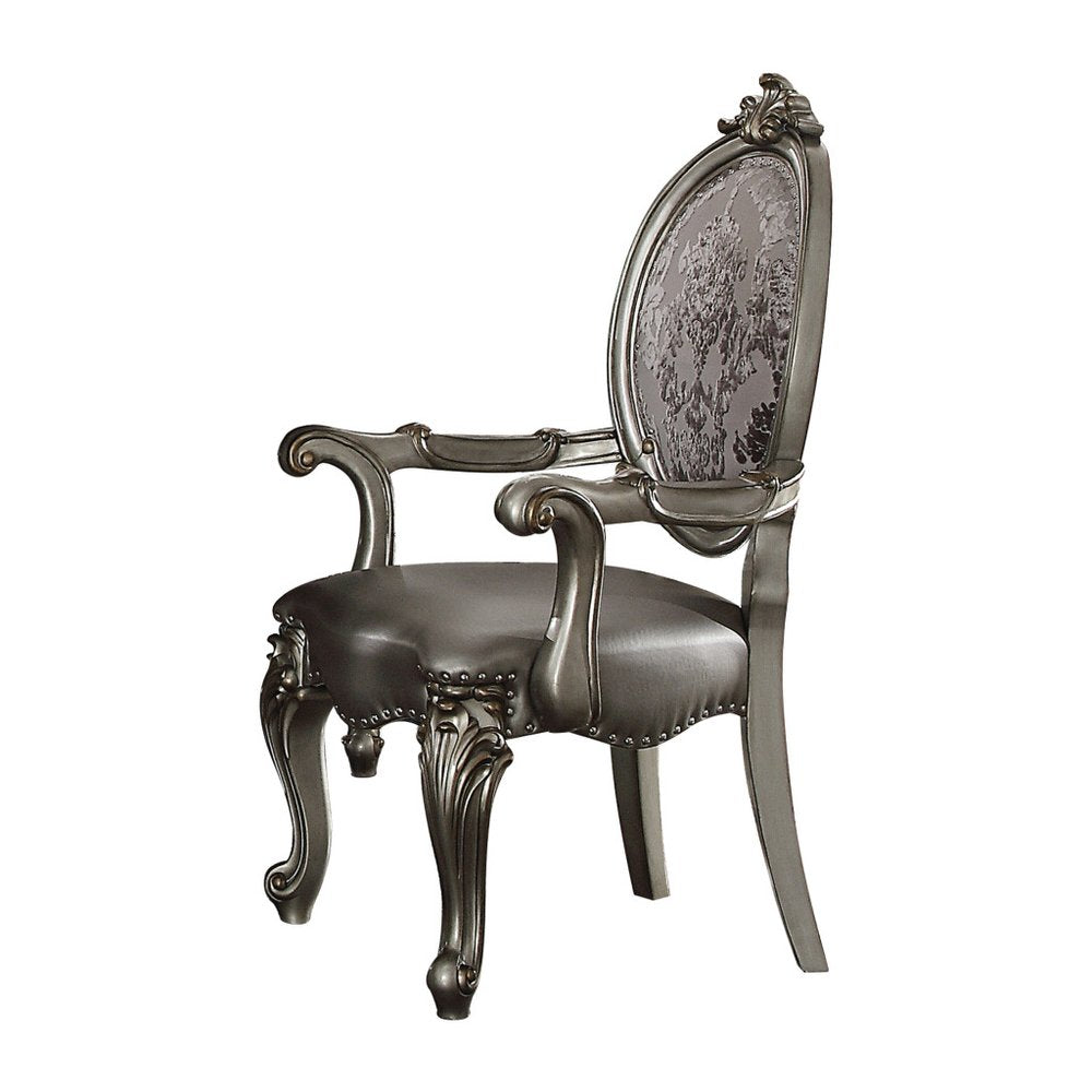 Set of Two Silver and Platinum Upholstered Faux Leather And Solid Wood King Louis Back Dining Side Chairs