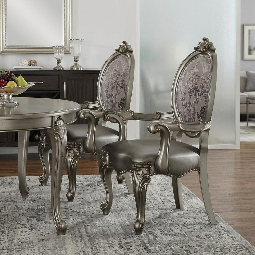 Set of Two Silver and Platinum Upholstered Faux Leather And Solid Wood King Louis Back Dining Side Chairs