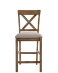 Set of Two 26" Tan And Oak Linen And Solid Wood Counter Height Bar Chairs