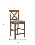 Set of Two 26" Tan And Oak Linen And Solid Wood Counter Height Bar Chairs