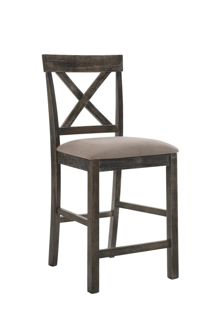 Set of Two 26" Tan And Oak Linen And Solid Wood Counter Height Bar Chairs
