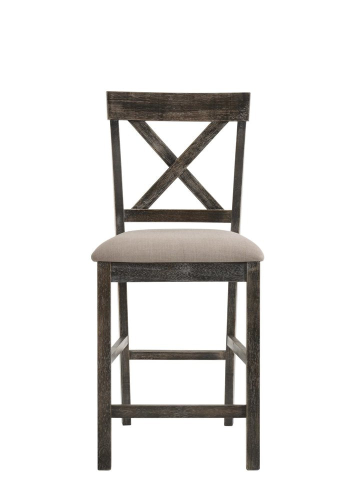 Set of Two 26" Tan And Oak Linen And Solid Wood Counter Height Bar Chairs