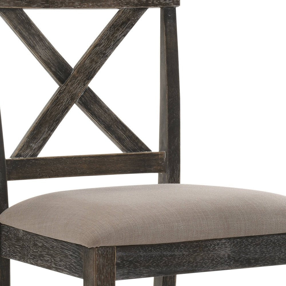 Set of Two 26" Tan And Oak Linen And Solid Wood Counter Height Bar Chairs