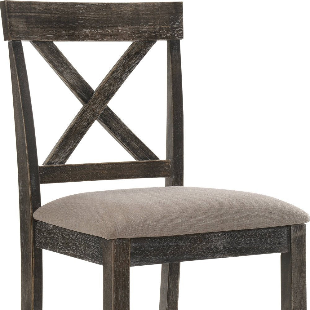 Set of Two 26" Tan And Oak Linen And Solid Wood Counter Height Bar Chairs