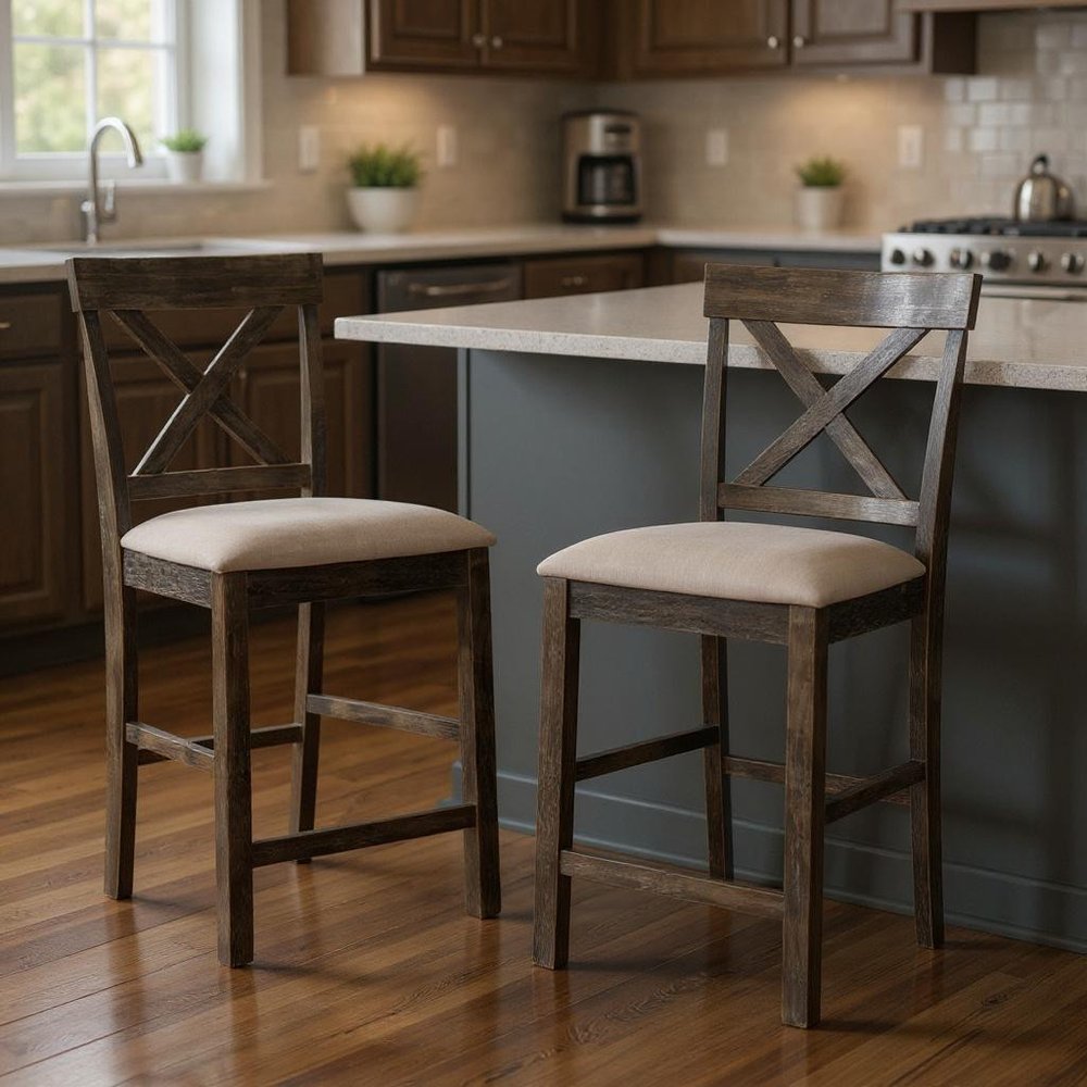 Set of Two 26" Tan And Oak Linen And Solid Wood Counter Height Bar Chairs
