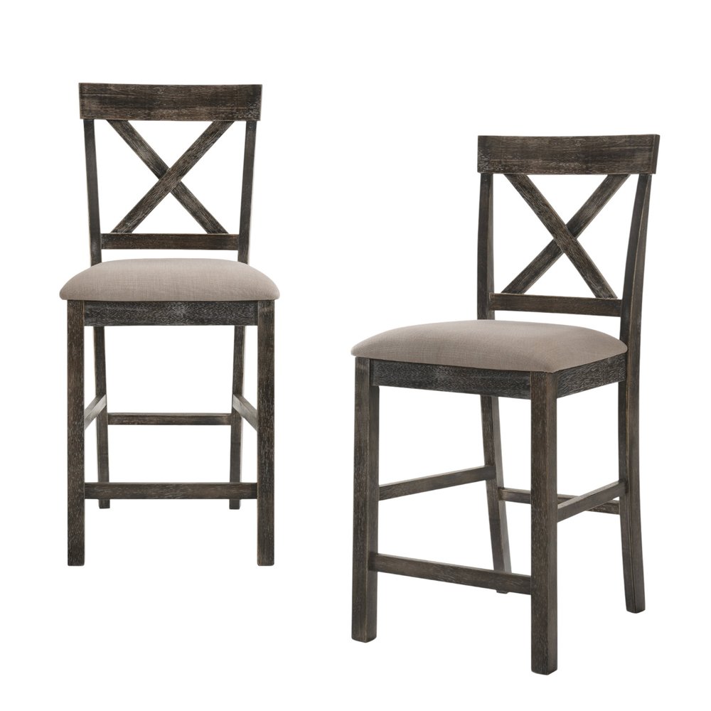 Set of Two 26" Tan And Oak Linen And Solid Wood Counter Height Bar Chairs