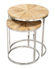 Set of Two Natural And Silver Solid Wood And Iron Round Frame Nested Tables