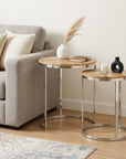 Set of Two Natural And Silver Solid Wood And Iron Round Frame Nested Tables
