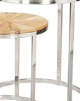 Set of Two Natural And Silver Solid Wood And Iron Round Frame Nested Tables