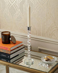 14" Clear And Silver Geo Stacks Crystal Tabletop Taper Candlestick