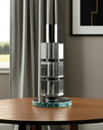 7" Silver Clear And Black Block And Cylinder Crystal Tabletop Taper Candlestick