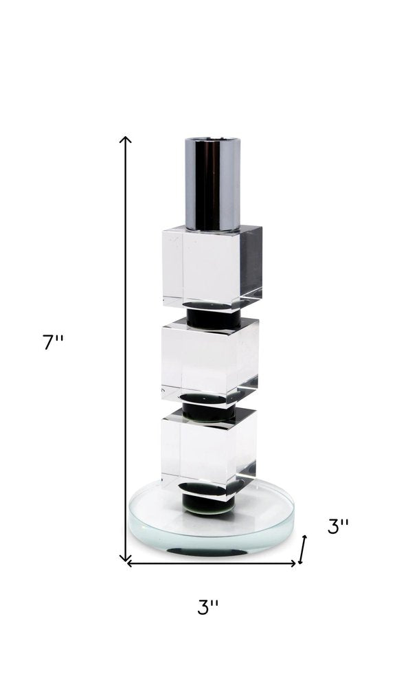 7" Silver Clear And Black Block And Cylinder Crystal Tabletop Taper Candlestick