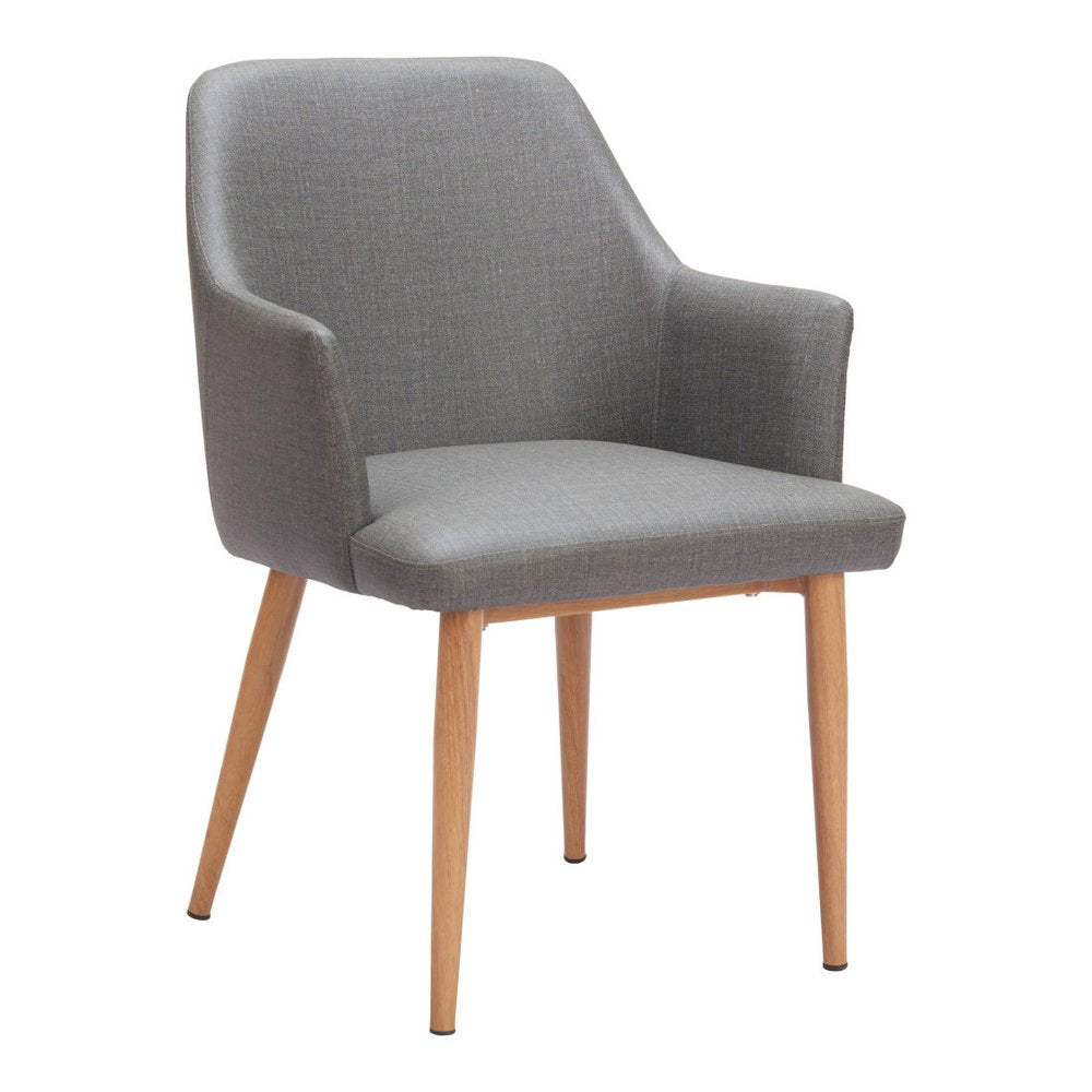 Set of Two Gray And Natural Fabric And Wood Dining Arm Chairs