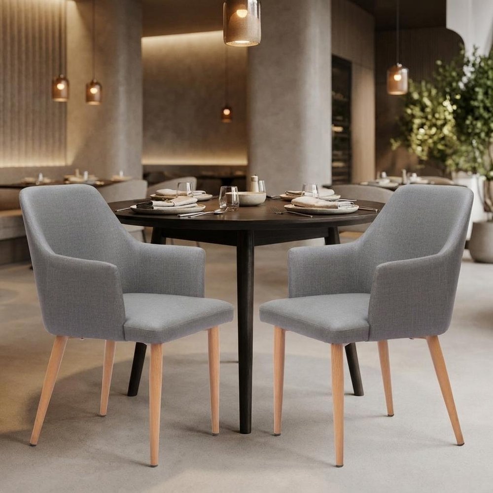 Set of Two Gray And Natural Fabric And Wood Dining Arm Chairs